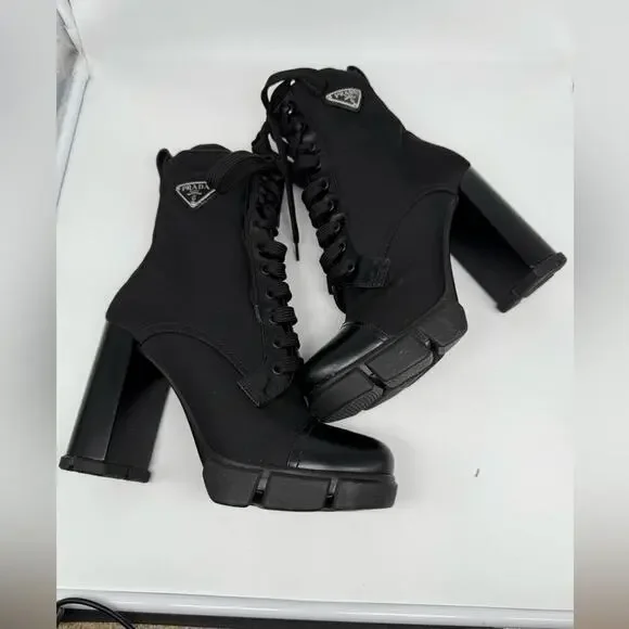Prada Black Leather/ Re-Nylon Metal Triangle Logo 110mm Ankle Boots EU 38.5 - Picture 3 of 15